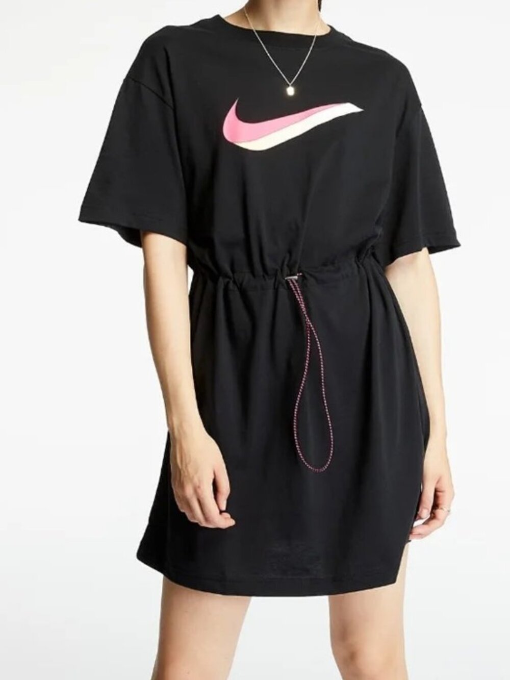 Nike | Sportswear Icon Clash T-Shirt Mini Dress Drawstring Waist Black Pink